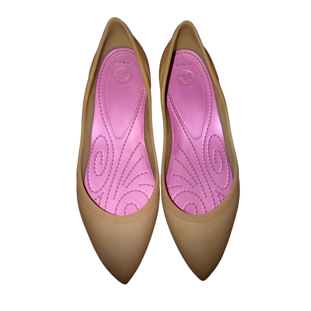 Crocs Rio Pointed Toe Flat 8 Tan Pink Jelly Cutout Comfort Summer Slip On Shoes